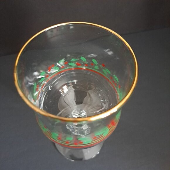 Vintage Holiday Glass Goblet Holly & Berry Design Gold Rim - Picture 6 of 11